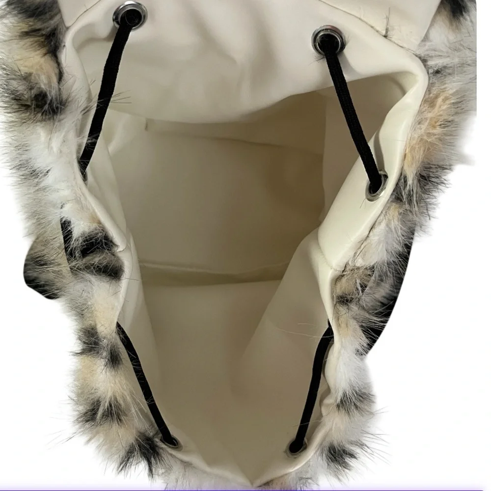 NEW Elegant Leopard Print Faux Fur Drawstring Snap Closure Backpack White Tan